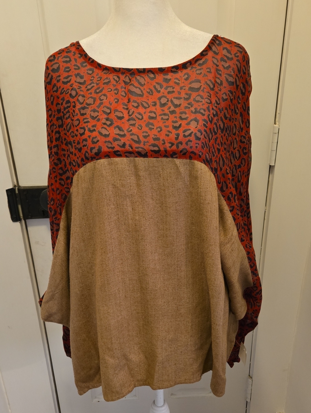 AS-HRO Women’s Two-Tone Silk Blend Leopard Print and Tan Relaxed Oversized Top S